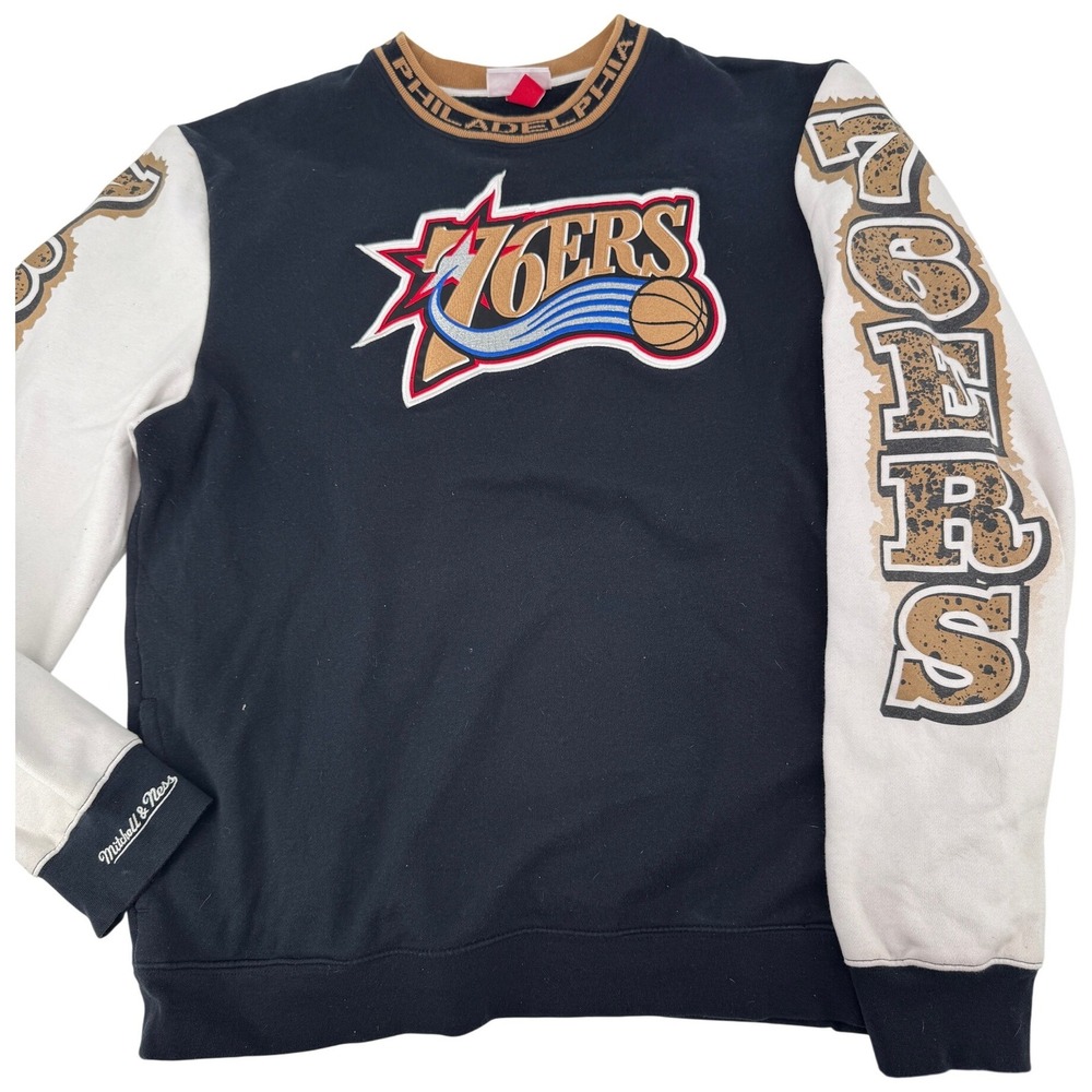 Philadelphia 76ers‎ Sweatshirt 2XL embroidered Crewneck Pockets Mitchell  Ness